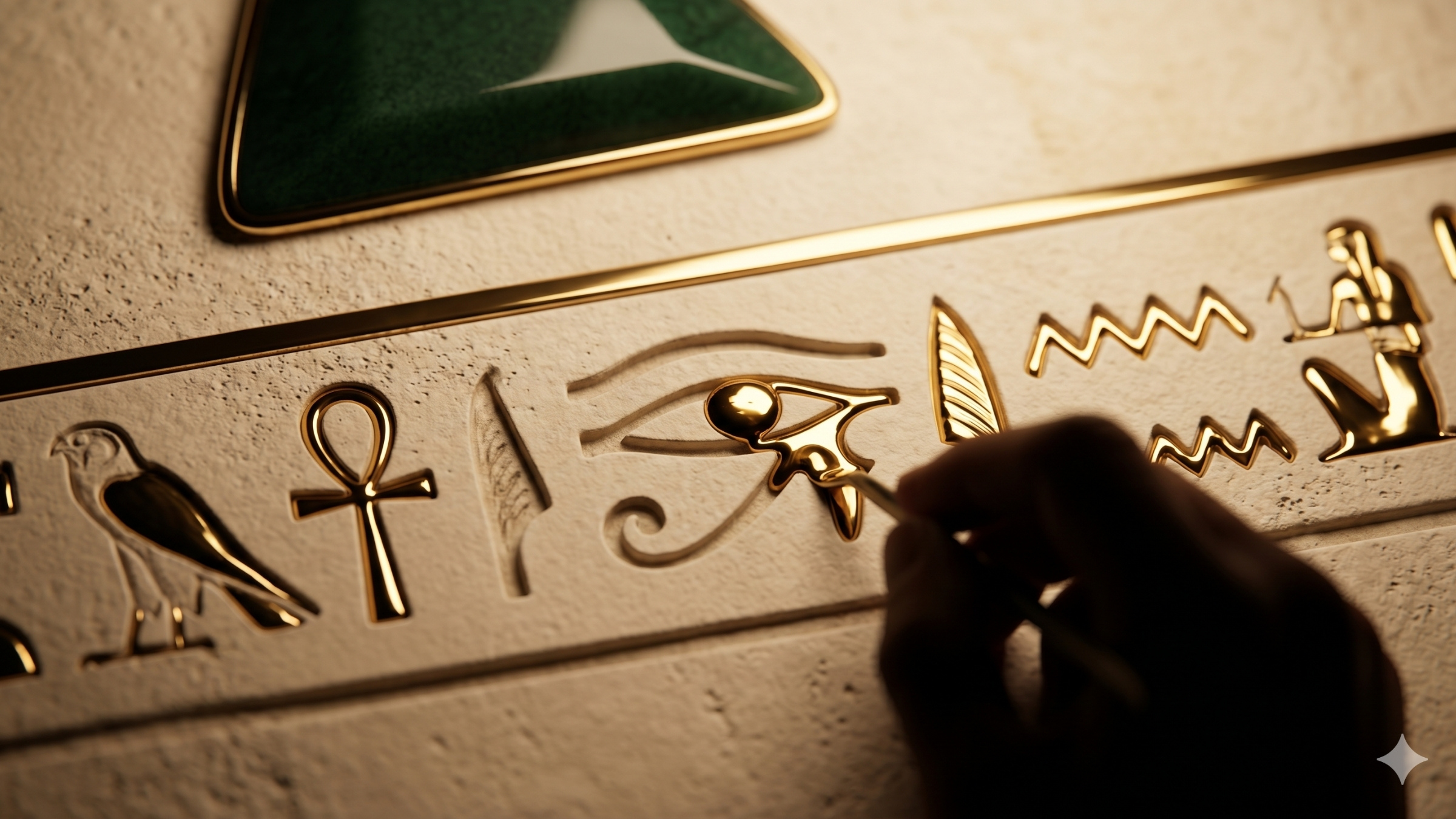 Artisan hand setting gold leaf into a wedjat-eye glyph on polished limestone
