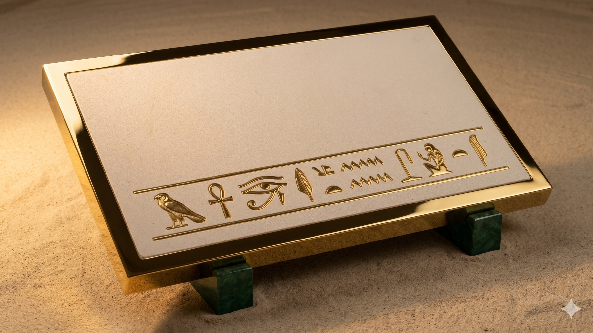 Tilted limestone reading slab with gold border and Egyptian hieroglyphs