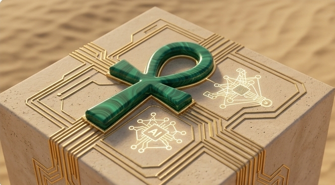 A stone block in a desert features a prominent green malachite ankh outlined in gold. Gold circuit patterns emanate from the ankh, symbolizing the fusion of ancient Egyptian knowledge with modern engineering.